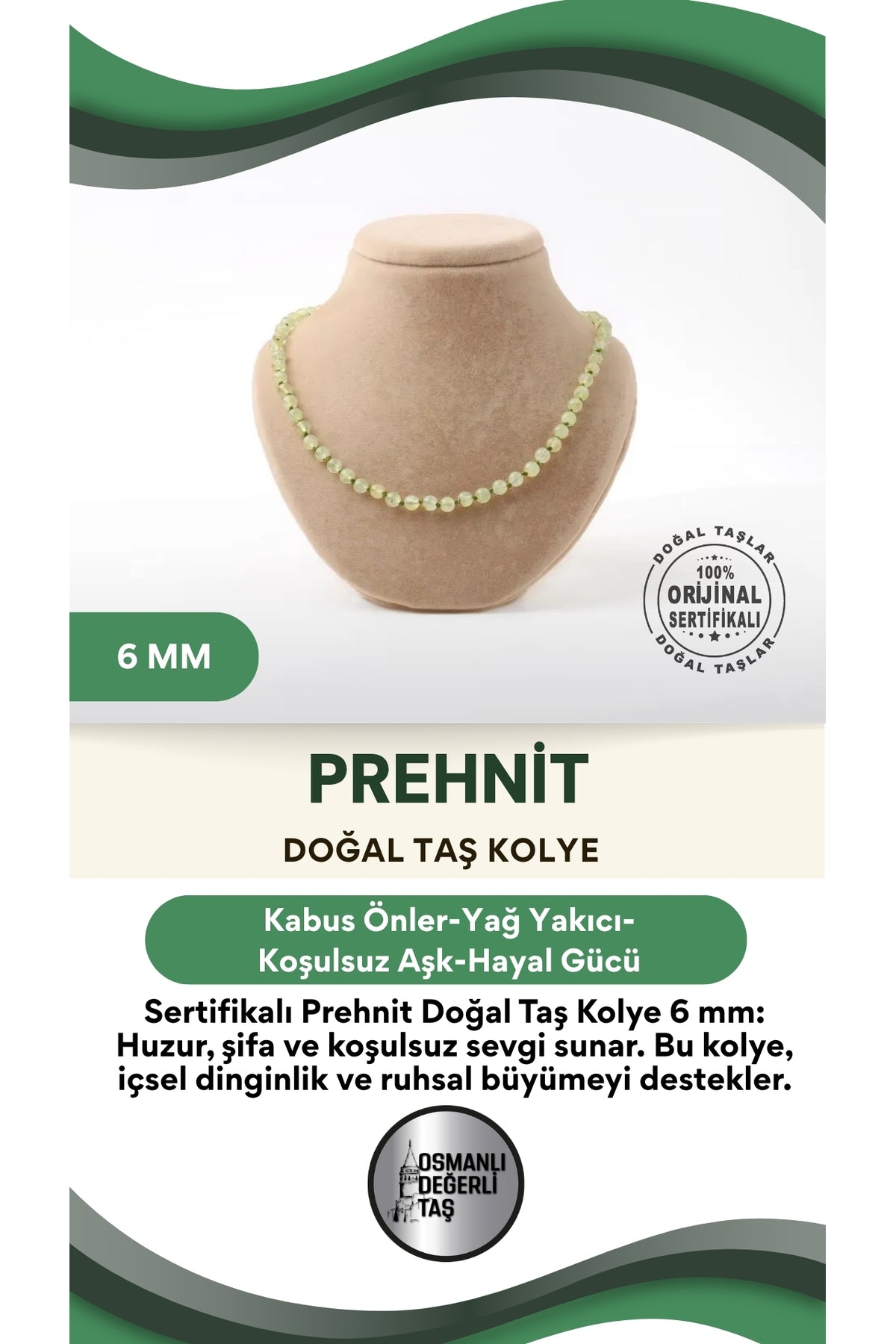 Sertifikalı Prehnit Doğaltaş Kolye 6 Mm, M586