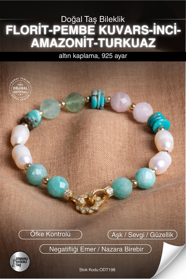 SERTİFİKALI Florit-Pembe Kuvars-İnci-Amazonit-Turkuaz Doğal Taş Altın Kaplama Bileklik ODT198