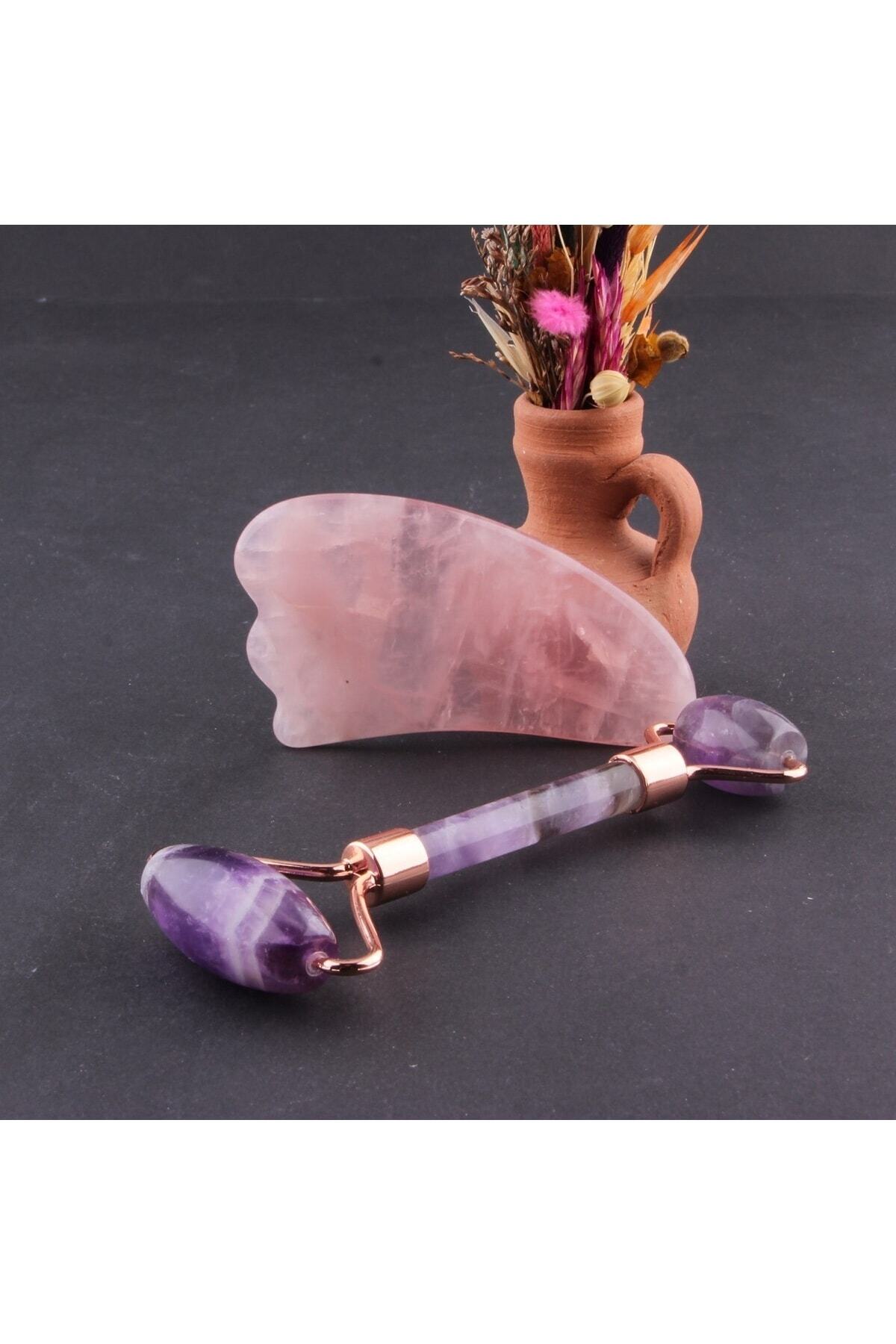 Ametist Doğal Taşı Roller ve Pembe Kuvars Doğal Taşı Kaz Ayağı Gua Sha Masaj Takımı Ma069