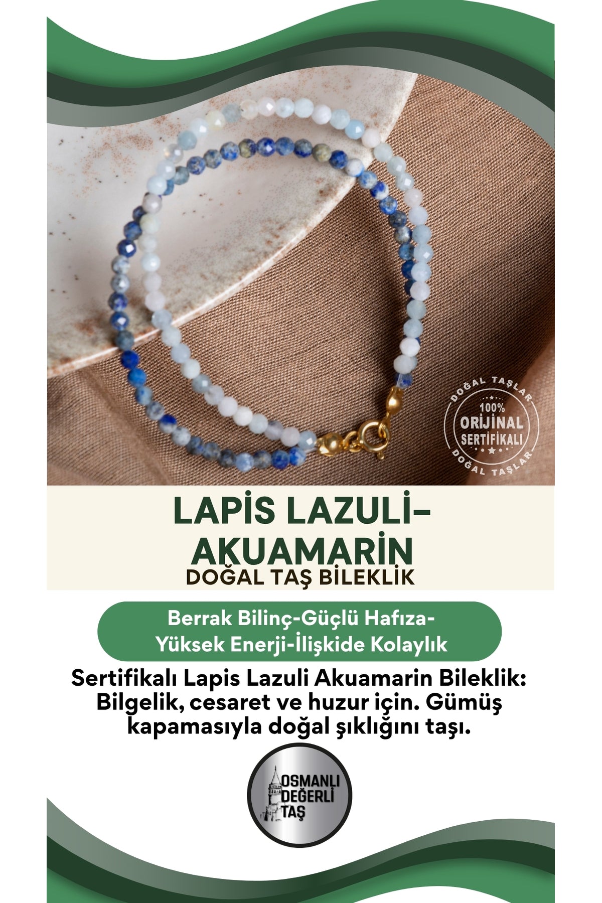 SERTİFİKALI Lapis Lazuli Akuamarin Doğal Taş Gümüş Kapama Bileklik