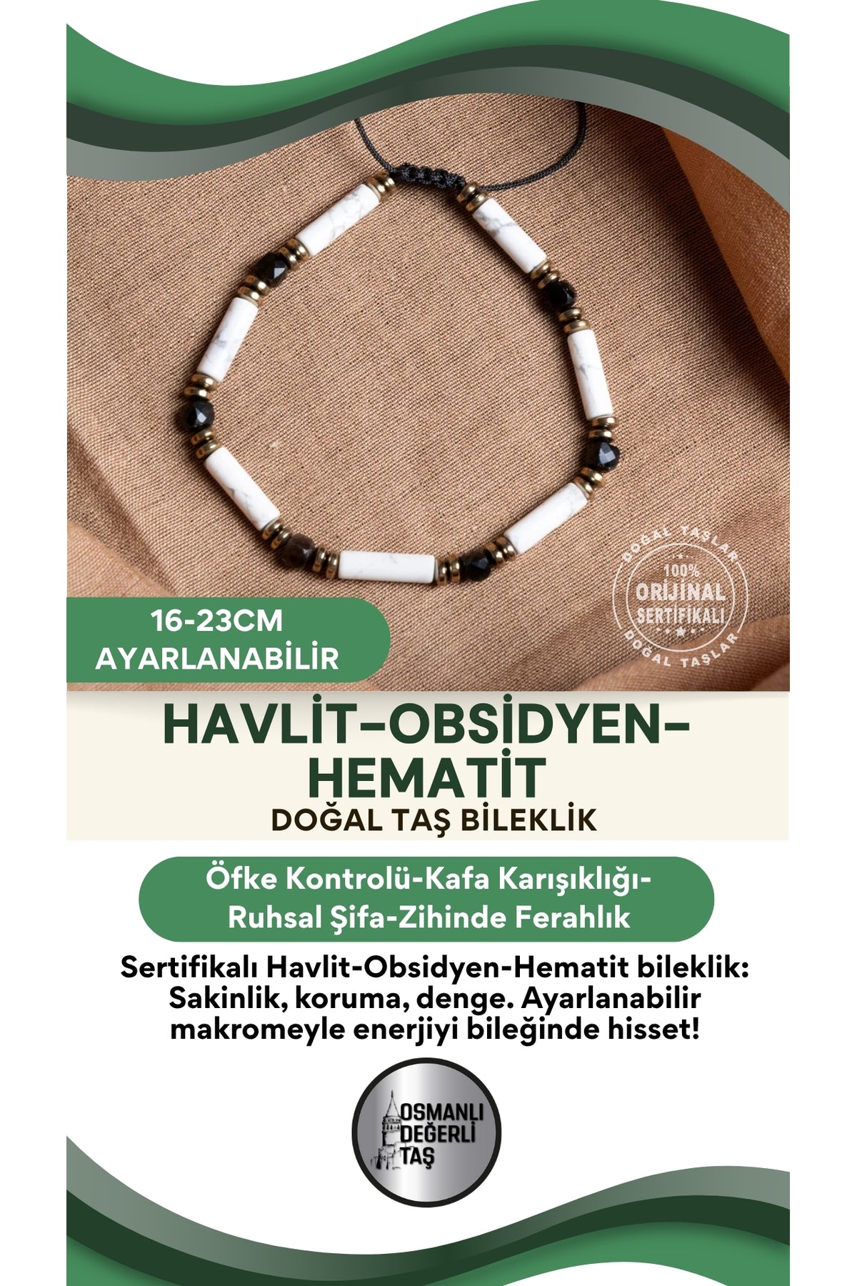 SERTİFİKALI Havlit Obsidyen Hematit Doğal Taş Makrome Ayarlanabilir Bileklik