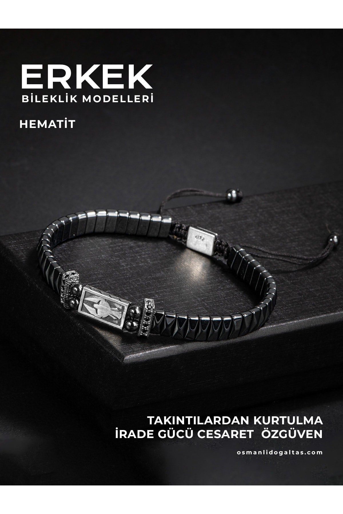 SERTİFİKALI HEMATİT DOĞAL TAŞLI ÖRGÜ 925 AYAR GÜMÜŞ TASARIM BİLEKLİK (MİĞFER SEMBOLLÜ)