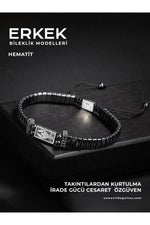 SERTİFİKALI HEMATİT DOĞAL TAŞLI ÖRGÜ 925 AYAR GÜMÜŞ TASARIM BİLEKLİK (MİĞFER SEMBOLLÜ)