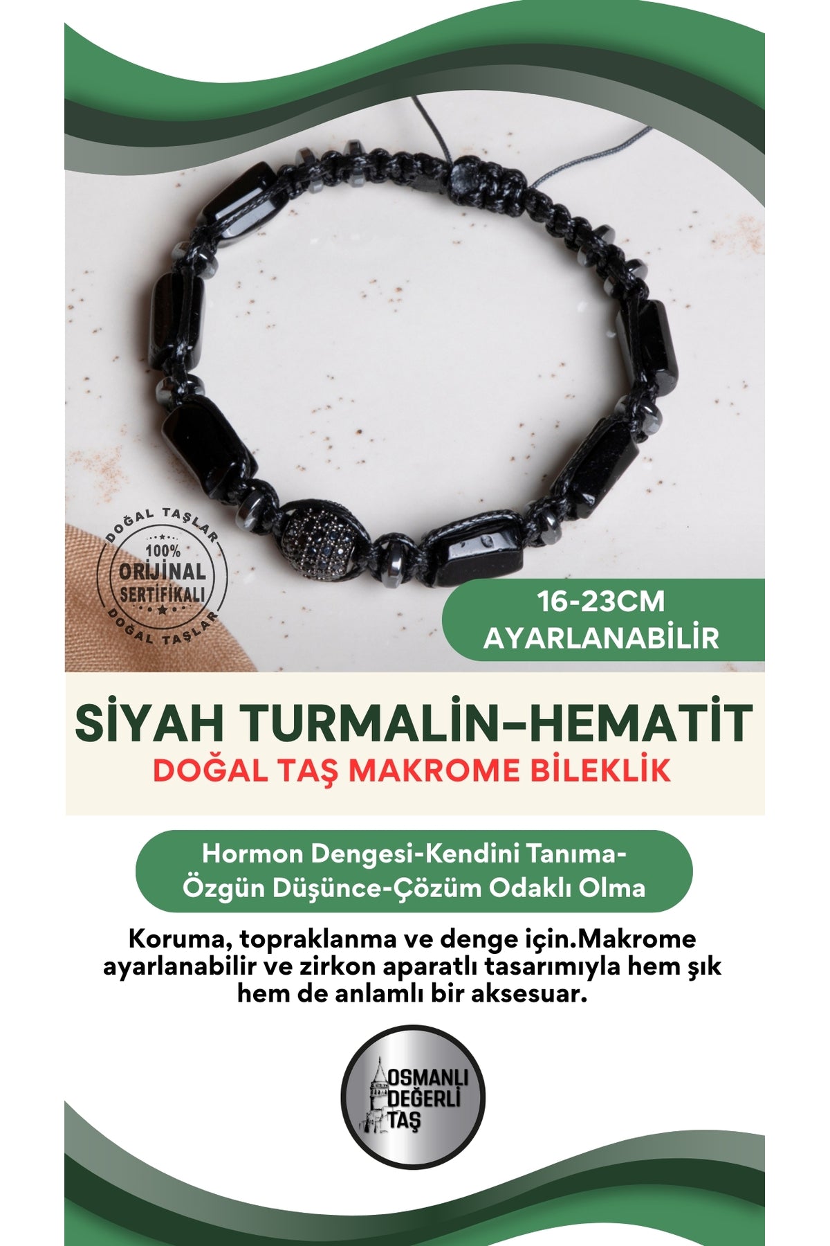 SERTİFİKALI Siyah Turmalin-Hematit Doğal Taş Makrome Ayarlanabilir Zirkon Aparatlı Bileklik