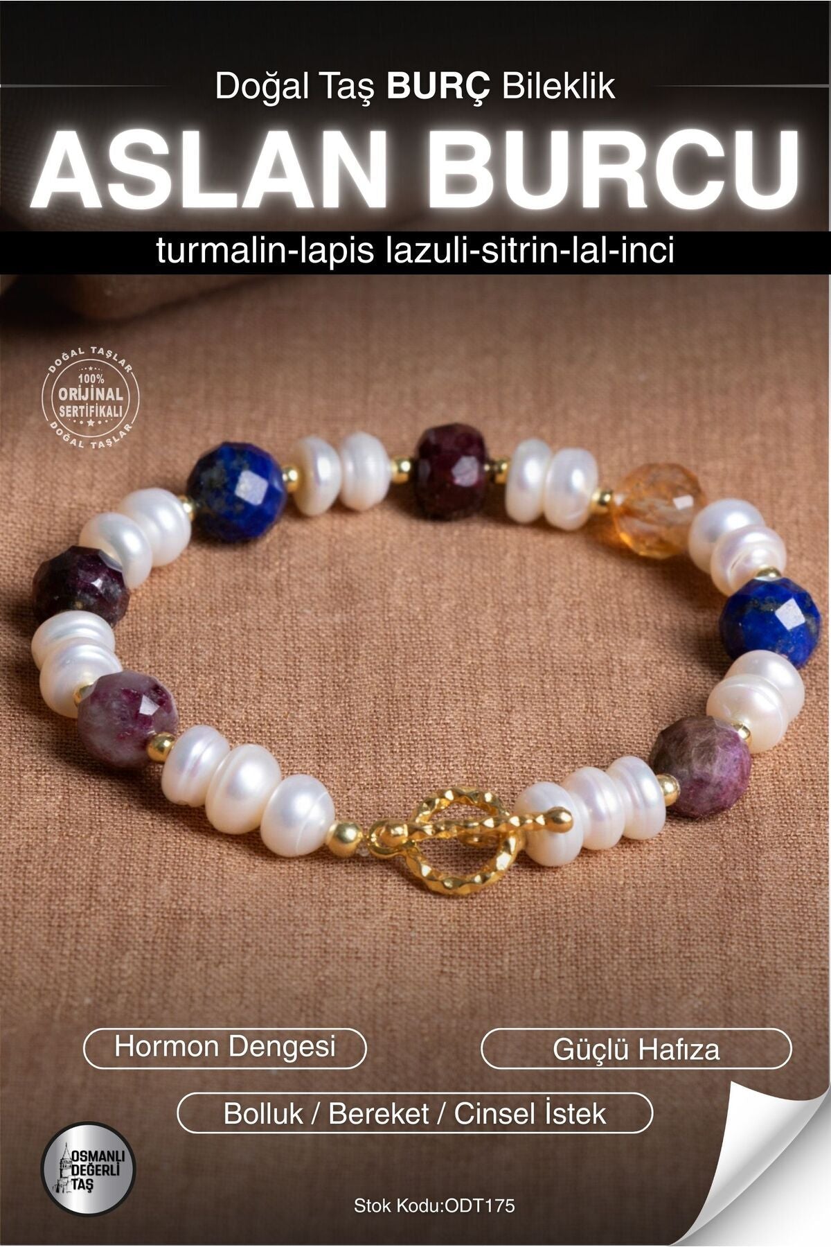 SERTİFİKALI Turmalin-Lapis Lazuli-Sitrin-Lal-İnci Aslan Burcu Doğal Taş Gümüş Aparat Bileklik ODT175