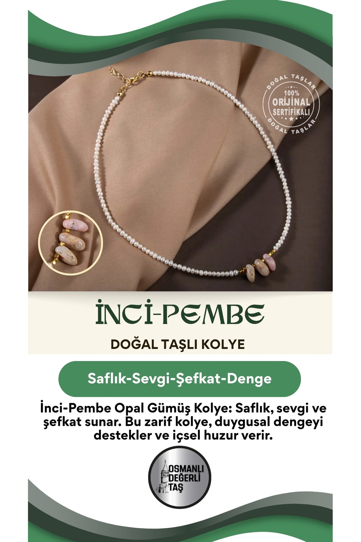 Inci-pembe Opal Doğal Taş Gümüş Kolye