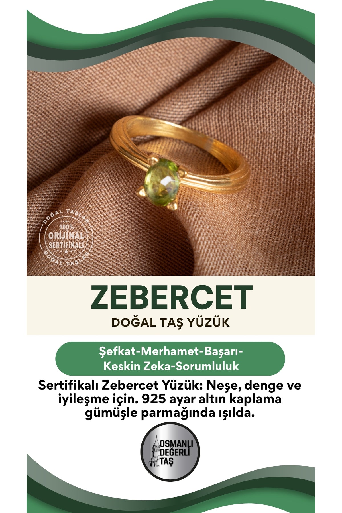 SERTİFİKALI Zebercet Doğal Taş 925 Ayar Gümüş Altın Kaplama Yüzük