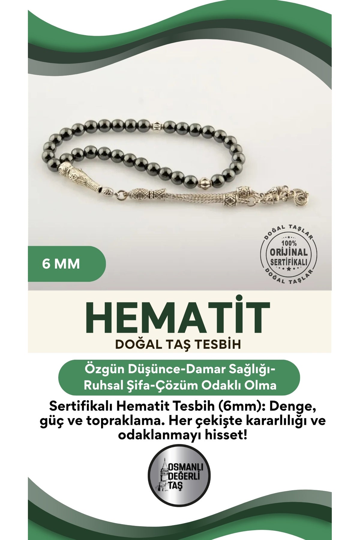 Sertifikalı Hematit Doğal Taş Tesbih 6 Mm, T192