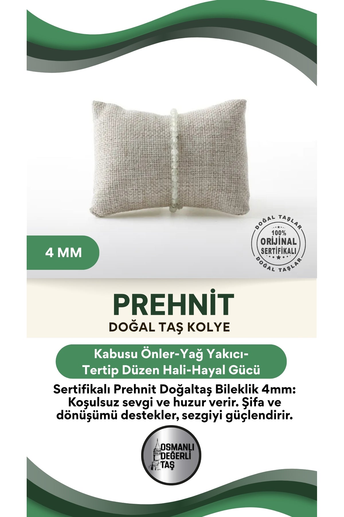 Sertifikalı Prehnit Doğaltaş Bileklik 4 Mm, B972