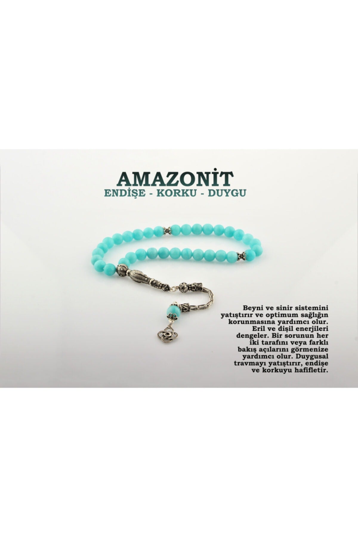 Sertifikalı Amazonit Doğal Taş Tesbih (GÜMÜŞ İMAME GÜMÜŞ PÜSKÜL)