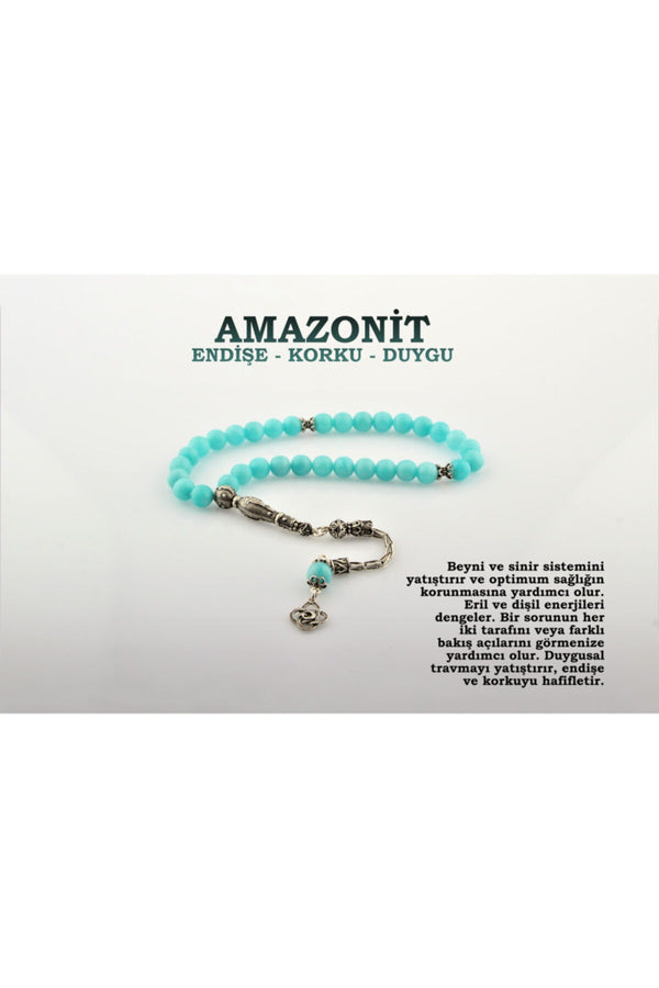 Sertifikalı Amazonit Doğal Taş Tesbih (GÜMÜŞ İMAME GÜMÜŞ PÜSKÜL)