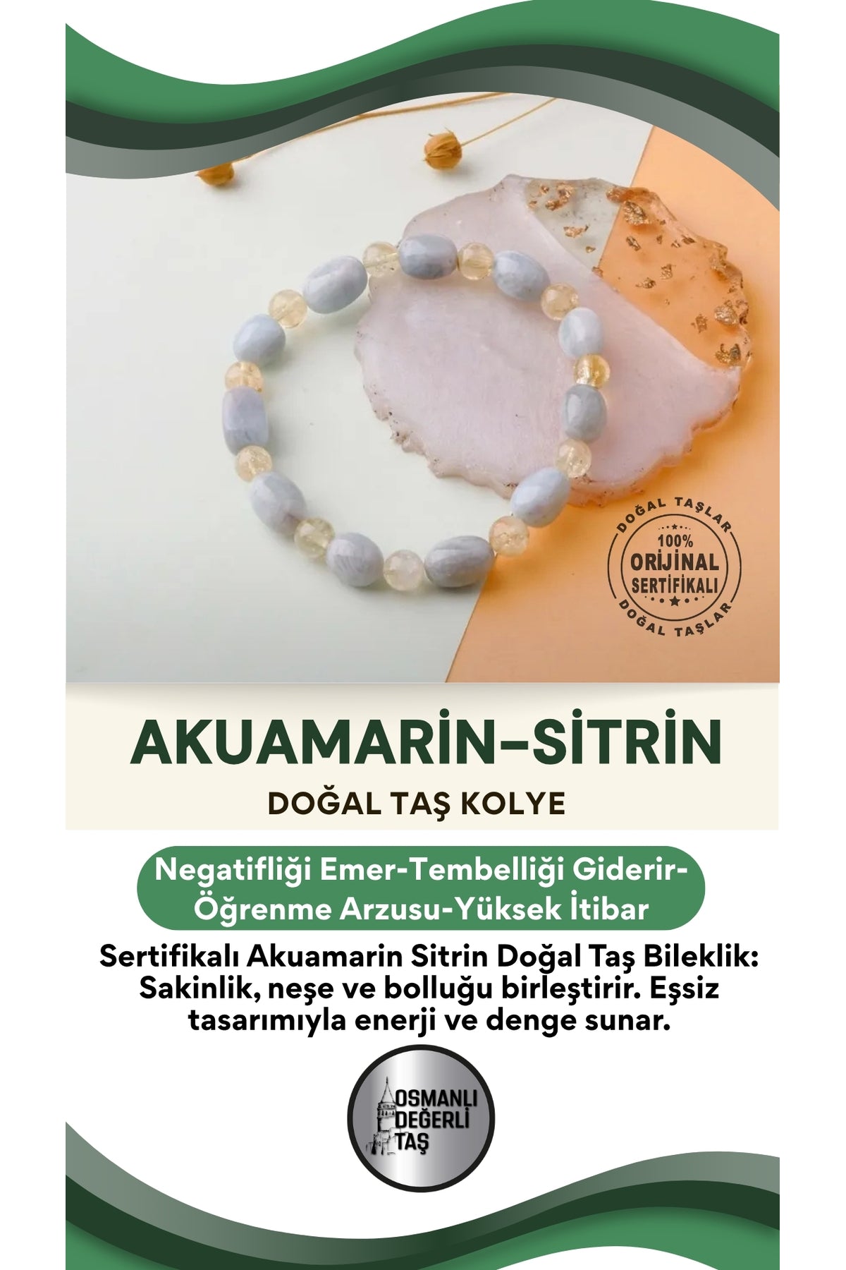 Sertifikalı Özel Tasarım Akuamarin Sitrin Doğal Taş Bileklik
