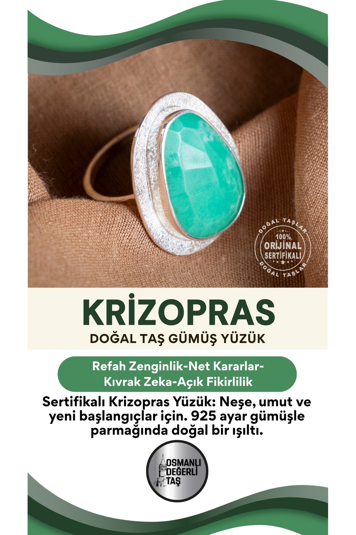 SERTİFİKALI Krizopras Doğal Taş 925 Ayar Gümüş Yüzük