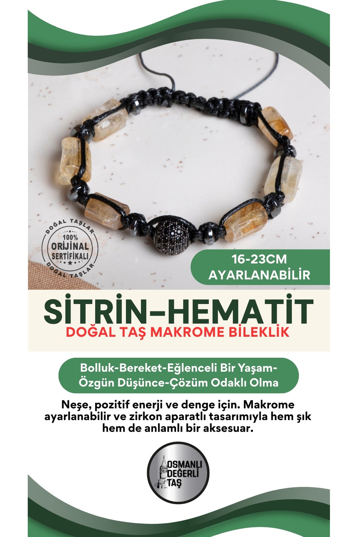 SERTİFİKALI Sitrin-Hematit Doğal Taş Makrome Ayarlanabilir Zirkon Aparatlı Bileklik