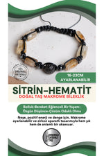 SERTİFİKALI Sitrin-Hematit Doğal Taş Makrome Ayarlanabilir Zirkon Aparatlı Bileklik