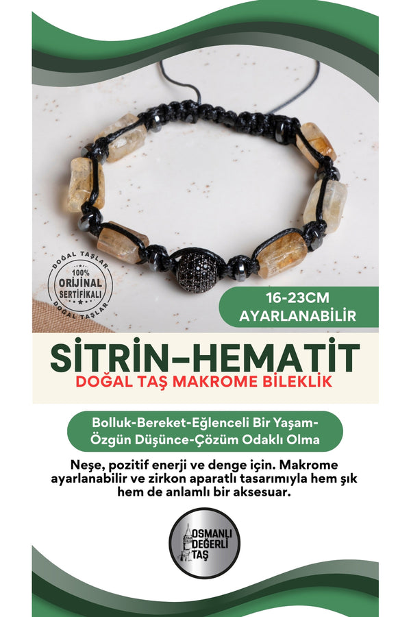 SERTİFİKALI Sitrin-Hematit Doğal Taş Makrome Ayarlanabilir Zirkon Aparatlı Bileklik