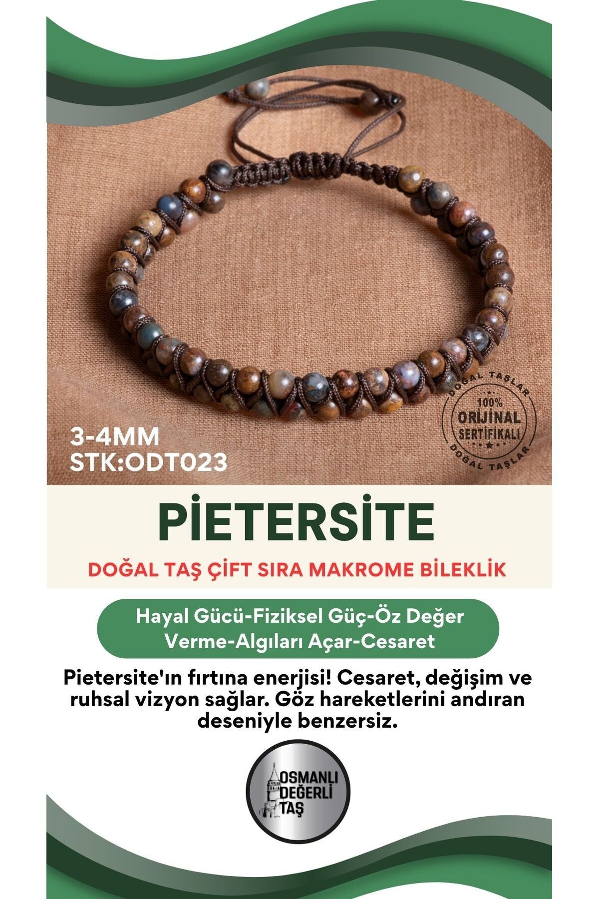 Sertifikalı Pietersite Doğal Taş Çift Sıra Makrome Bileklik ODT023