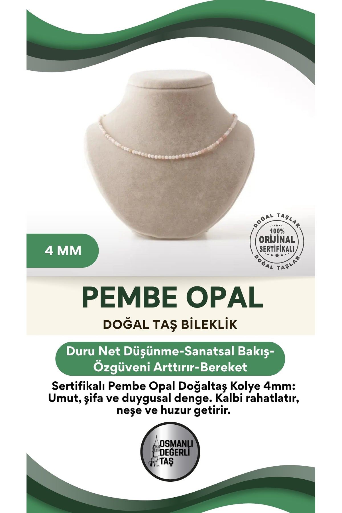 Sertifikalı Pembe Opal Doğaltaş Kolye 4 Mm, M489