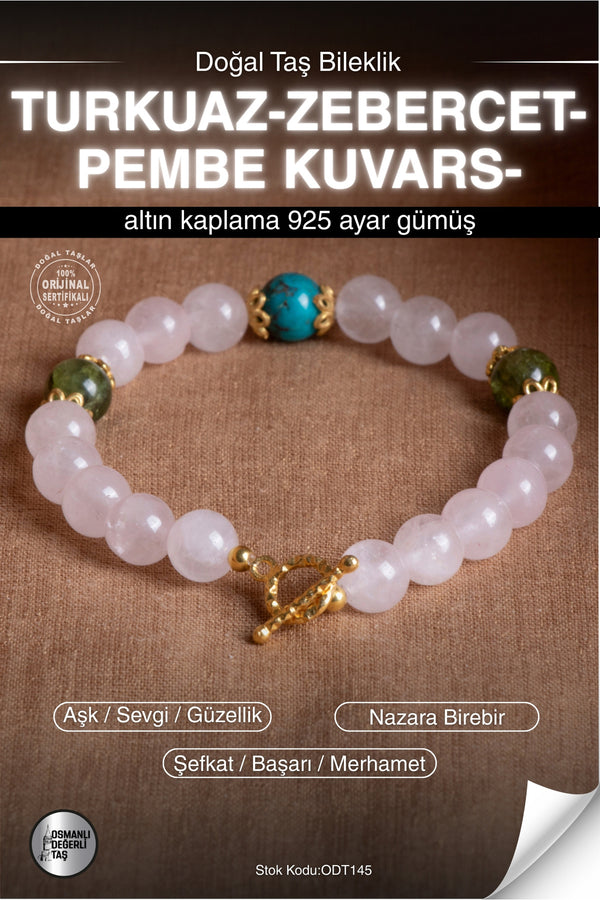 Sertifikalı TURKUAZ-ZEBERCET-PEMBE KUVARS- Doğal Taş Altın Kaplama Bileklik ODT145