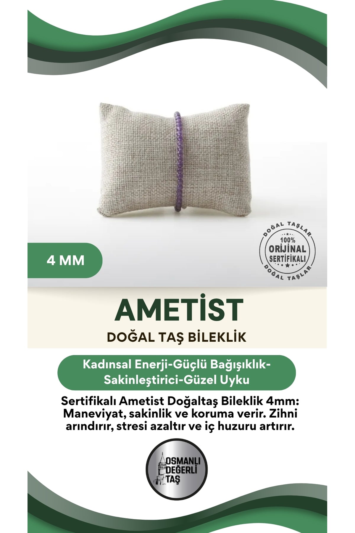 Sertifikalı Ametist Doğaltaş Bileklik 4 Mm, B995