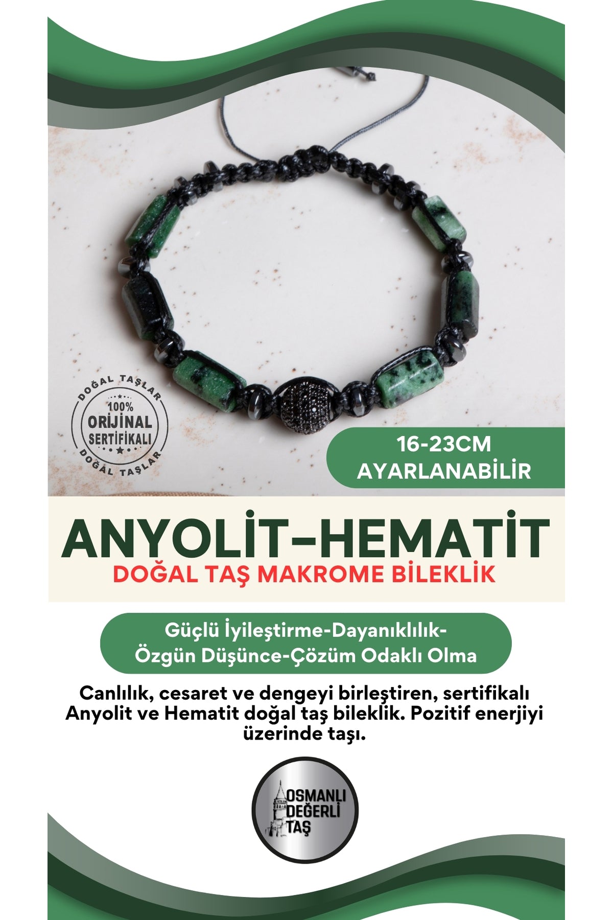 SERTİFİKALI Anyolit-Hematit Doğal Taş Makrome Ayarlanabilir Zirkon Aparatlı Bileklik