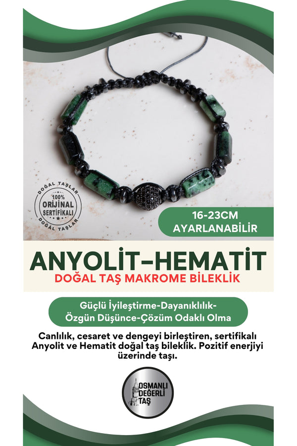 SERTİFİKALI Anyolit-Hematit Doğal Taş Makrome Ayarlanabilir Zirkon Aparatlı Bileklik