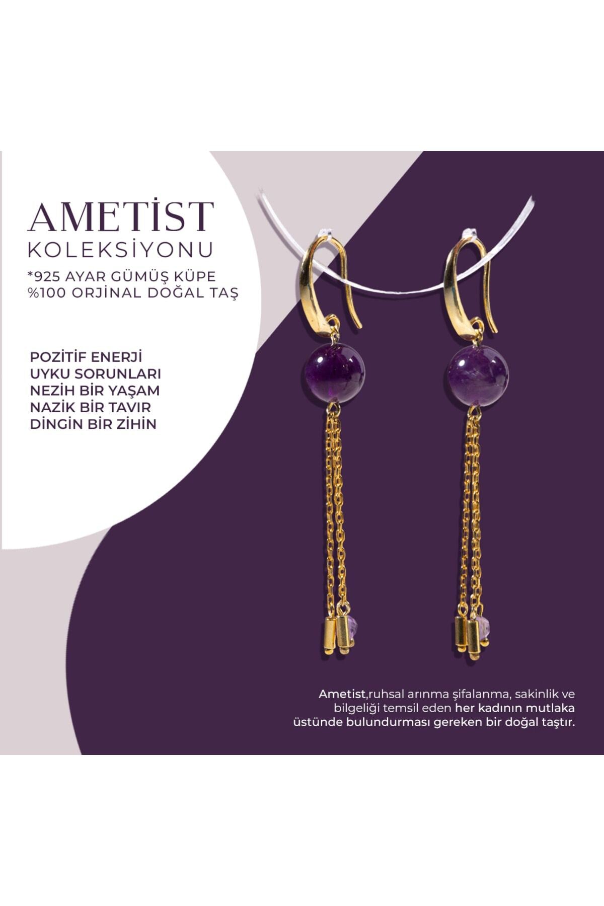 Sertifikalı Ametist Doğal Taşlı Zincir Detaylı Gümüş Küpe
