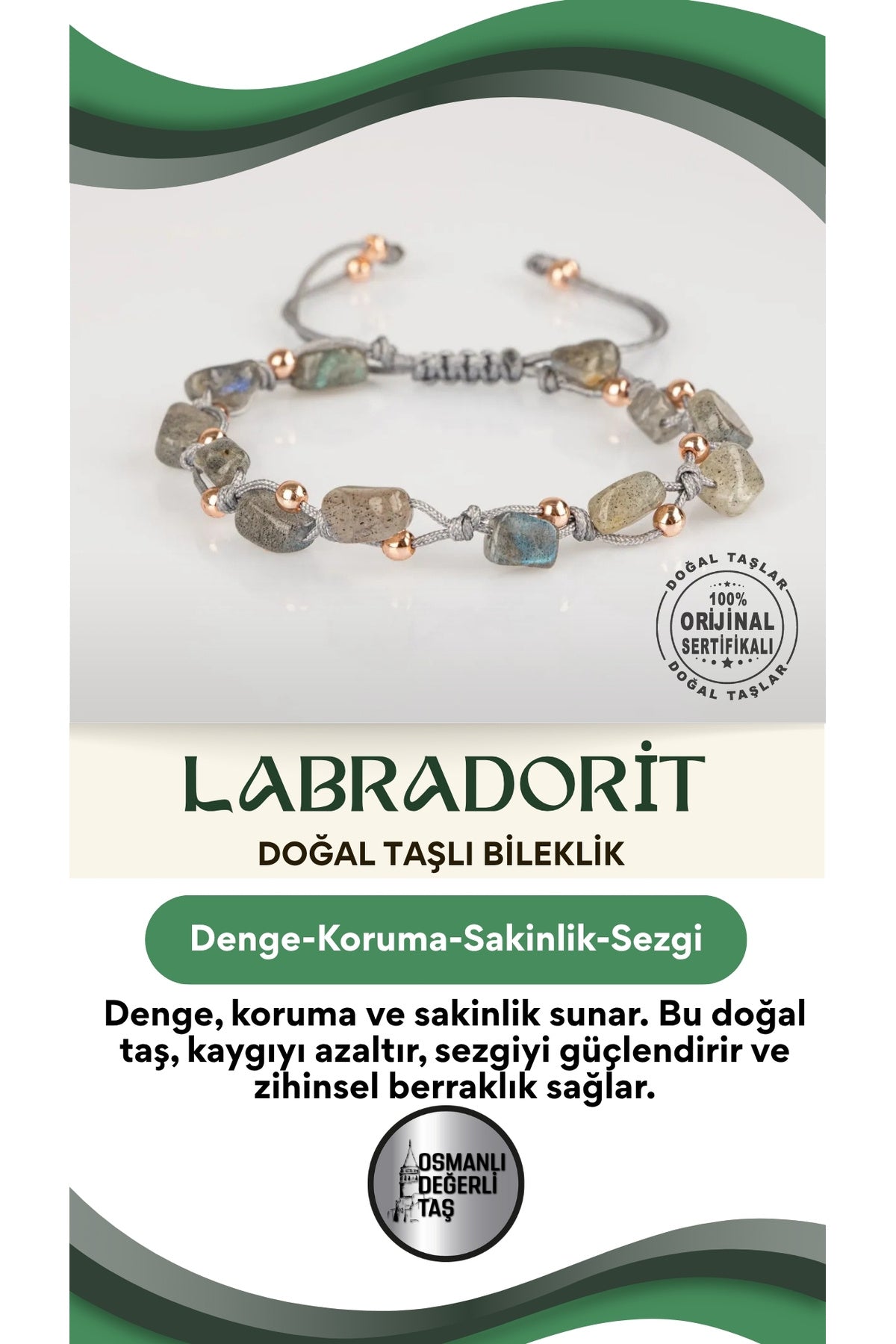 Kaygı Giderme Bilekliği Labradorit Doğal Taşlı Natürel Kesim