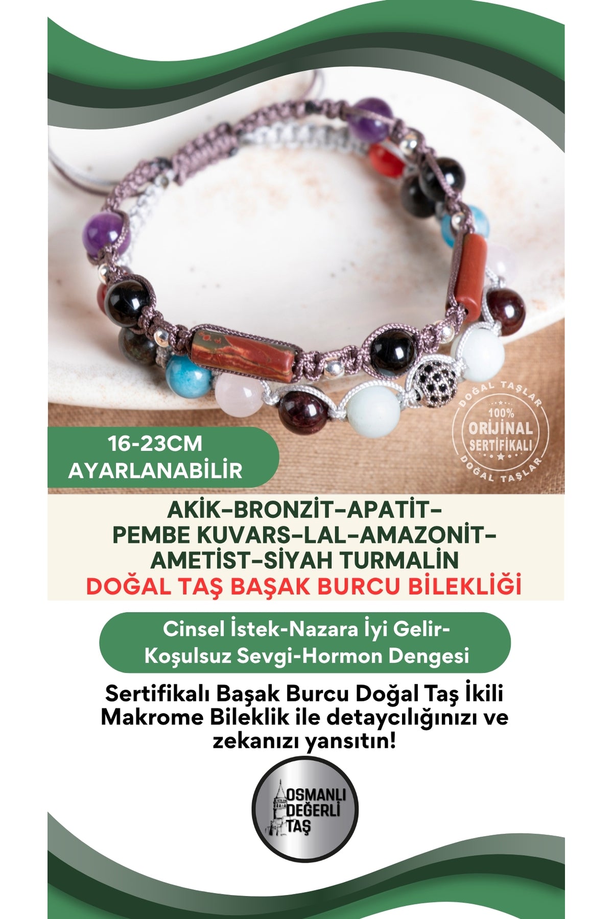 SERTİFİKALI Başak Burcu Doğal Taş İkili Makrome Bileklik