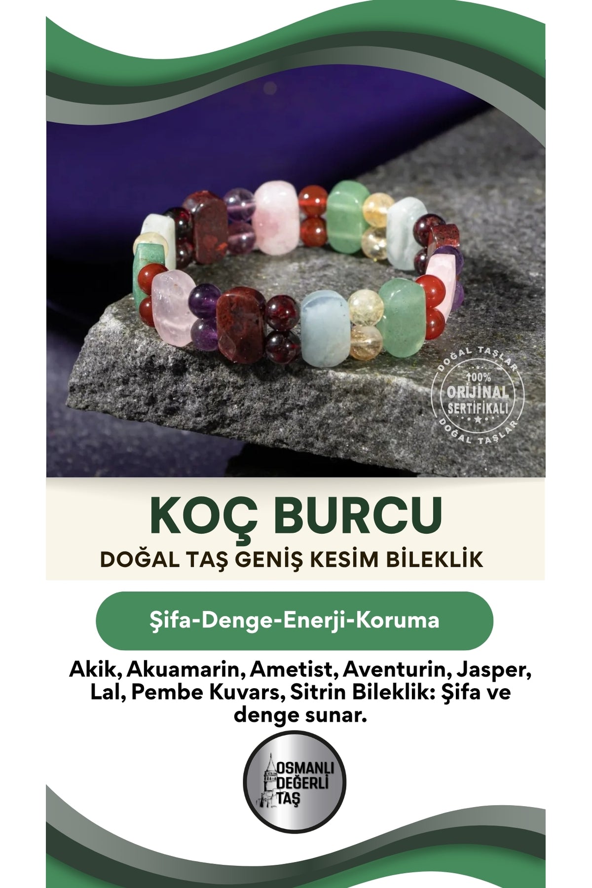 Koç Burcu Doğal Taş Geniş Kesim El Yapımı Bileklik