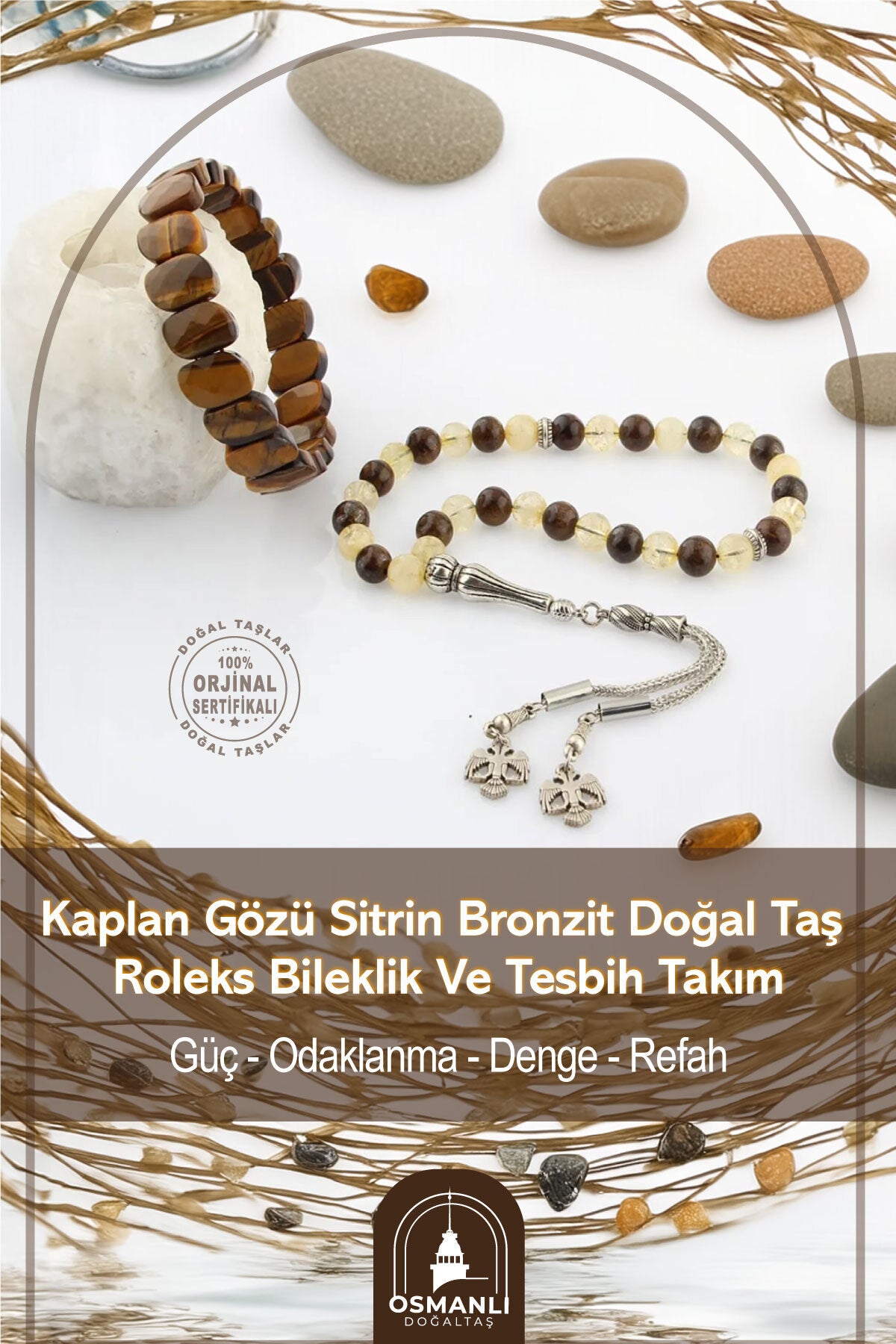 Sertifikalı Kaplan Gözü Sitrin Bronzit Doğal Taş Roleks Bileklik Ve Tesbih Takım Ts032