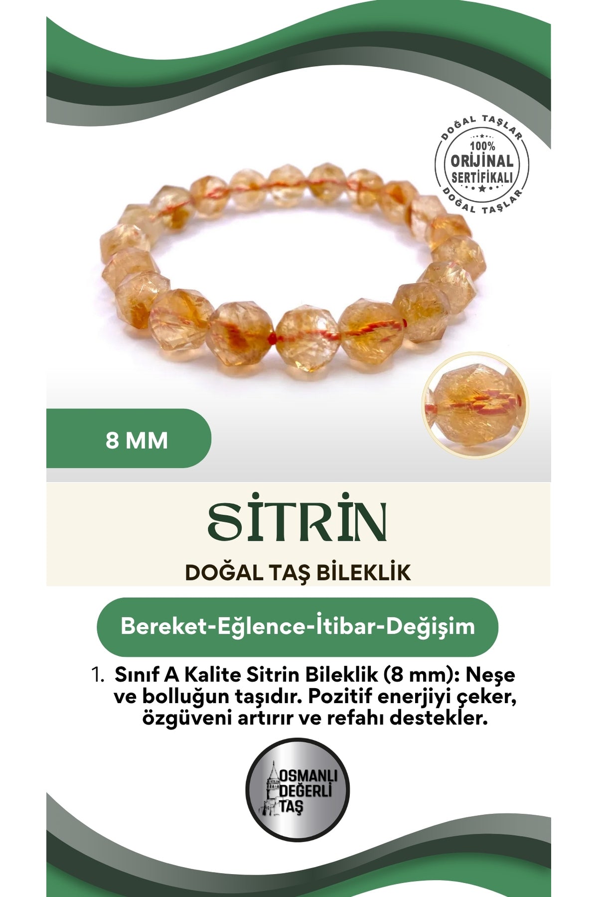 1. Sınıf A Kalite Sitrin Doğal Taş Bileklik 8 Mm