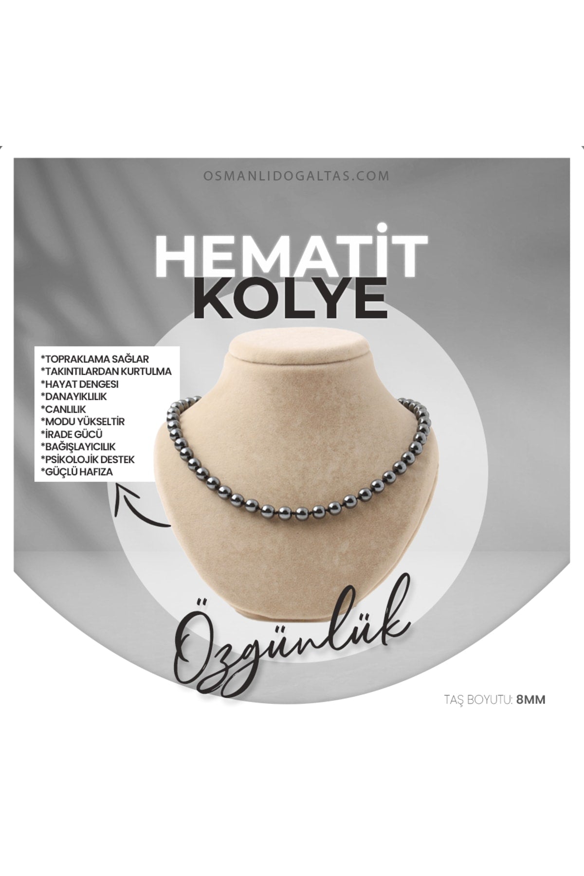 Sertifikalı Hematit Doğaltaş Kolye 8 Mm, M520