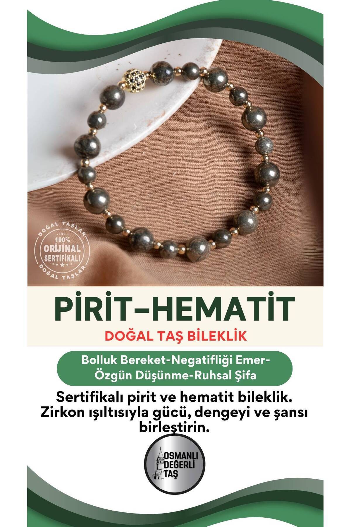 SERTİFİKALI Prit-Hematit Doğal Taş Zirkon Aparatlı Bileklik 6-8 mm