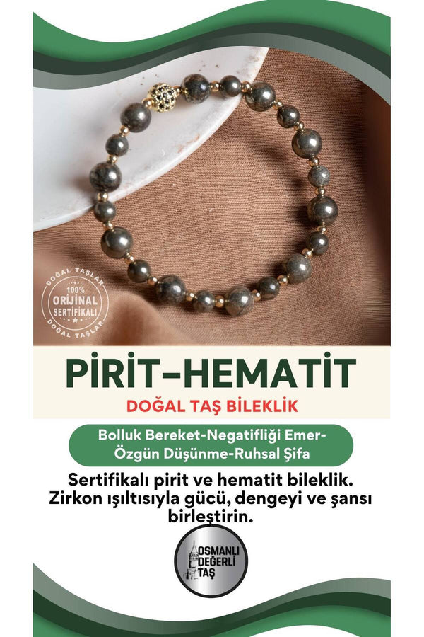 SERTİFİKALI Prit-Hematit Doğal Taş Zirkon Aparatlı Bileklik 6-8 mm