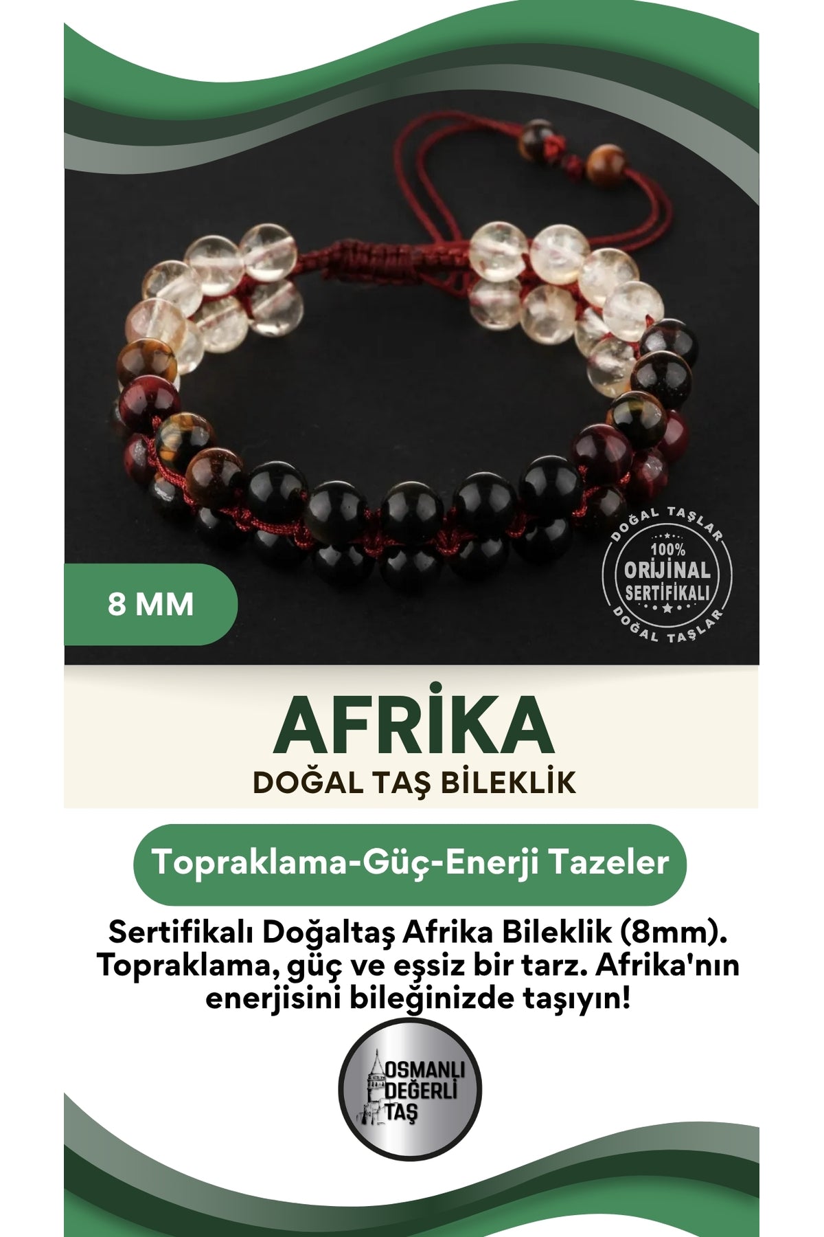 Sertifikalı Doğaltaş Afrika Bileklik 8 Mm, B894