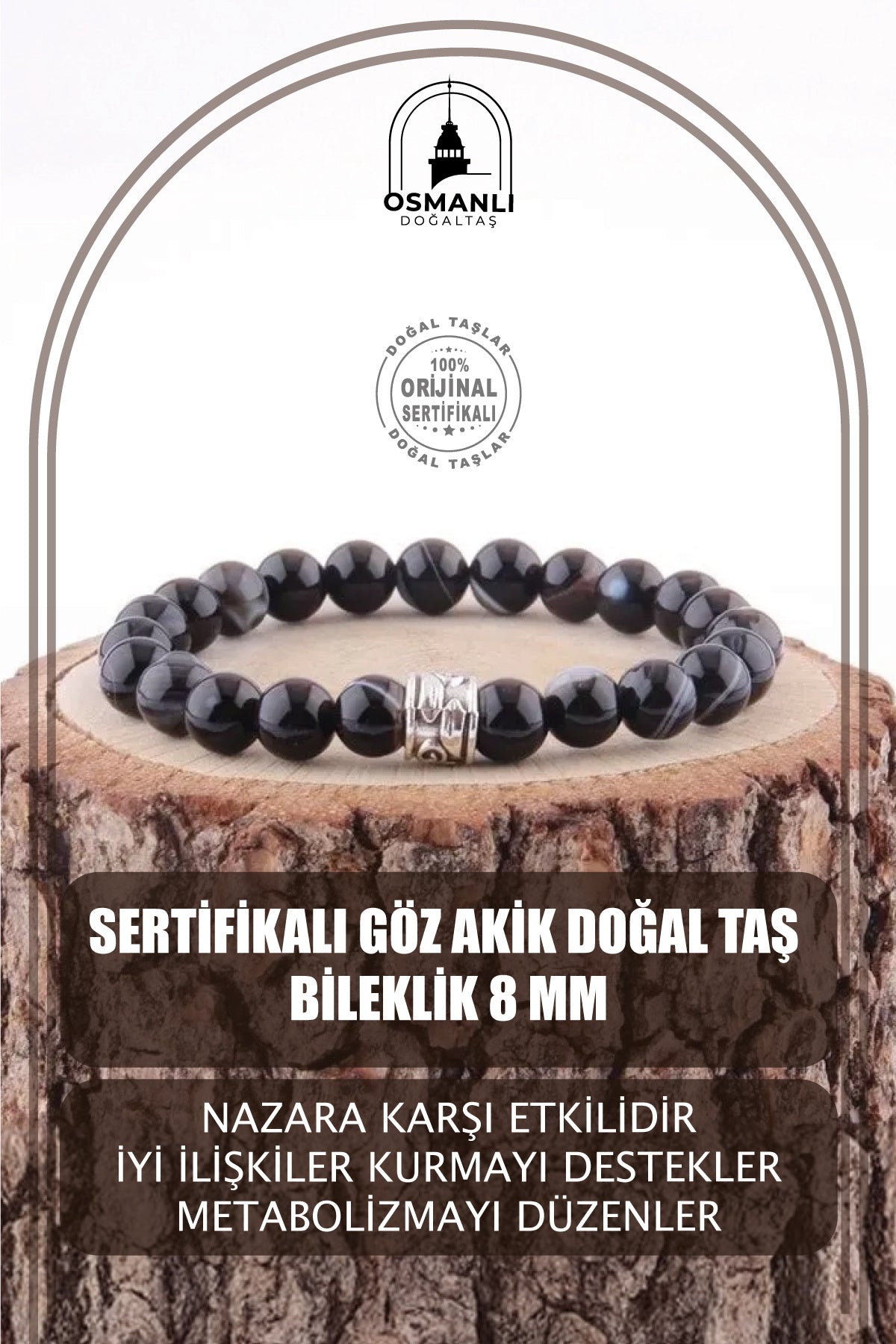 Sertifikalı Göz Akik Doğal Taş Bileklik 8 Mm - B125