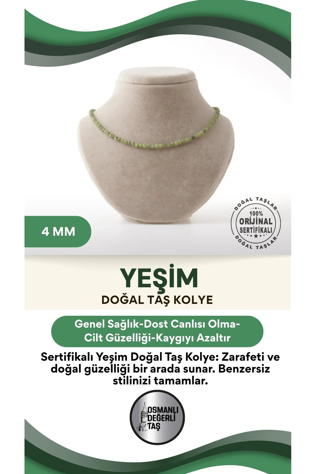 Sertifikalı Yeşim Doğal Taş Kolye 4 Mm