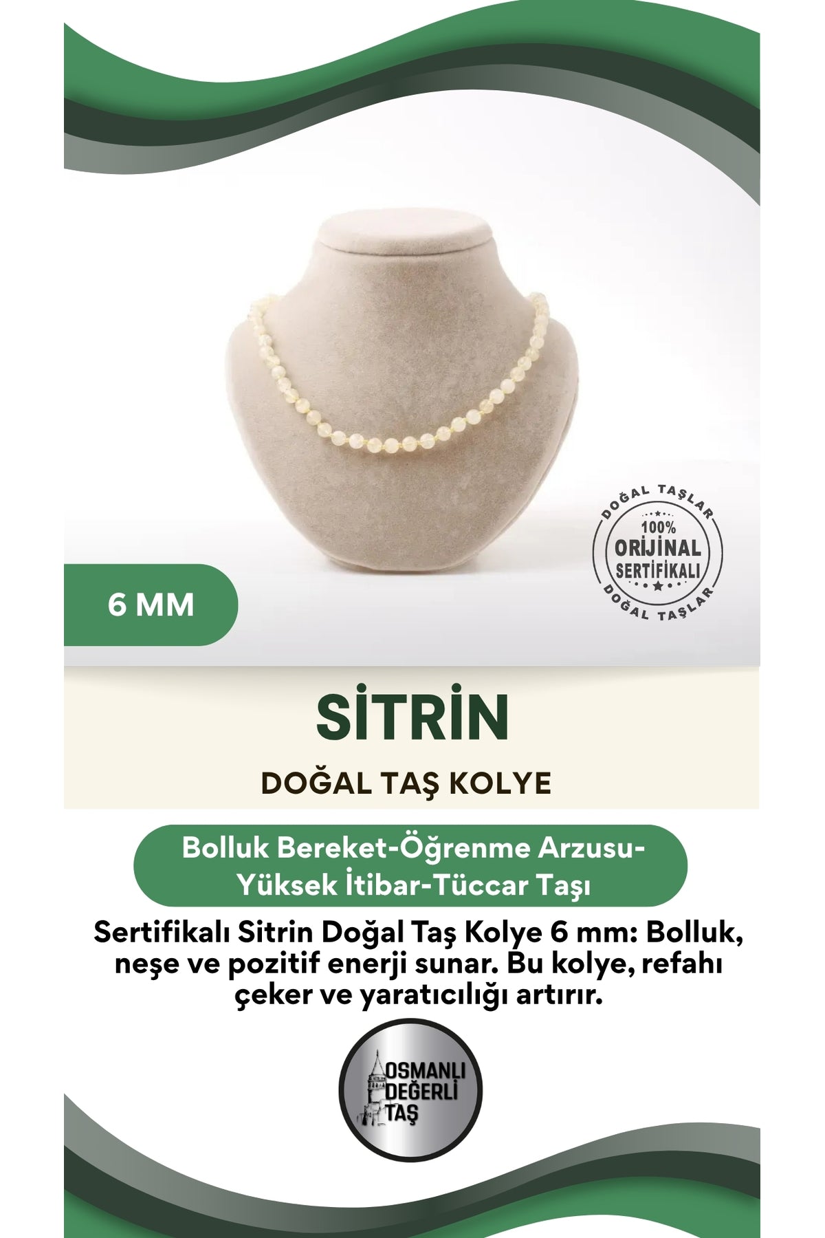 Sertifikalı Sitrin Doğaltaş Kolye 6 Mm, M592