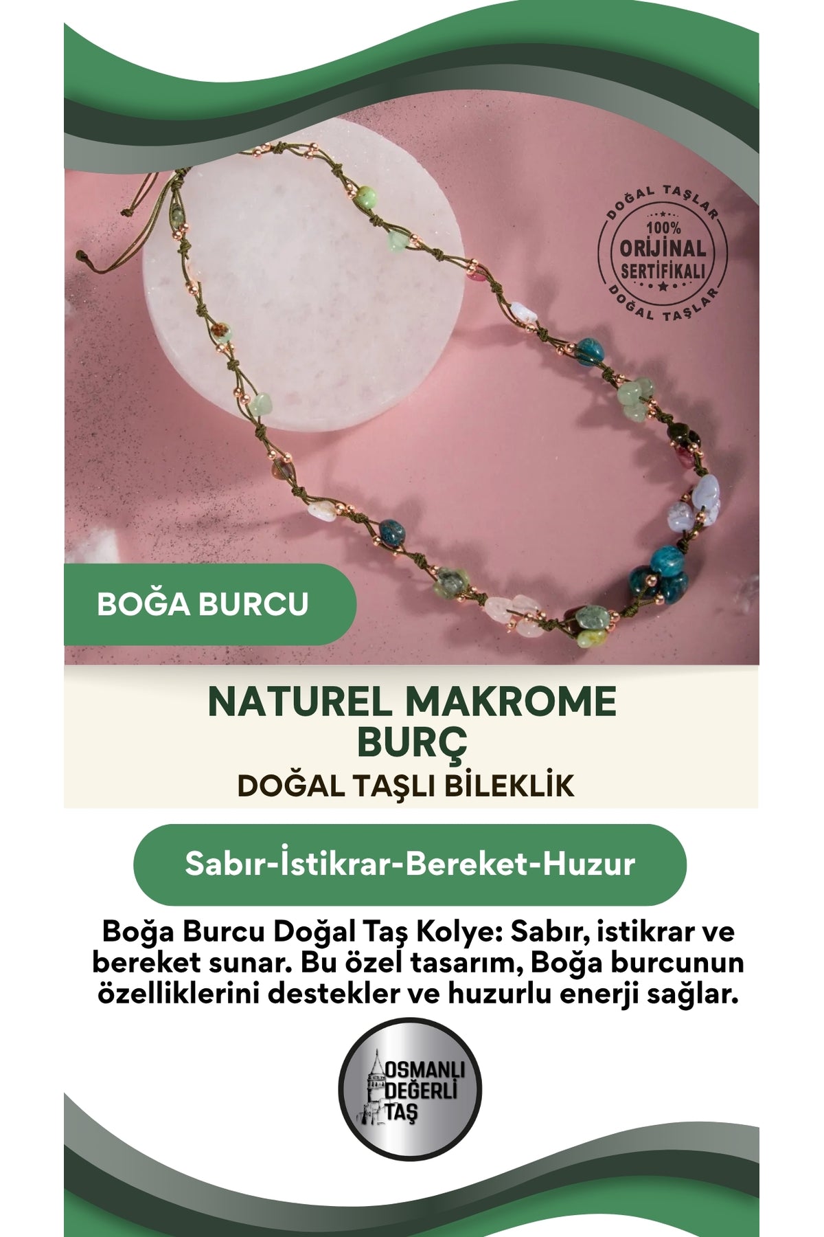 Boğa Burcu Doğal Taş Natürel Makrome Kolye