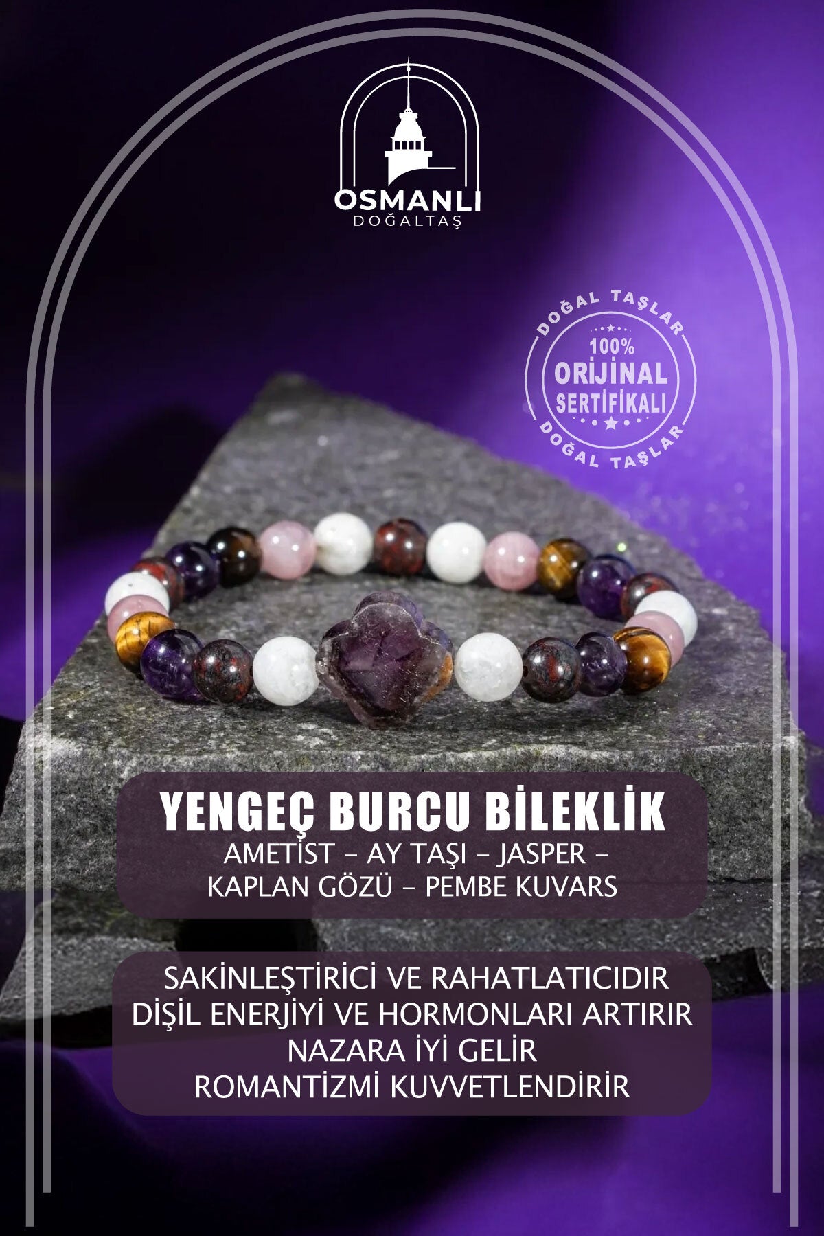 Yengeç Burcu Doğal Taş 8mm Yonca Bileklik