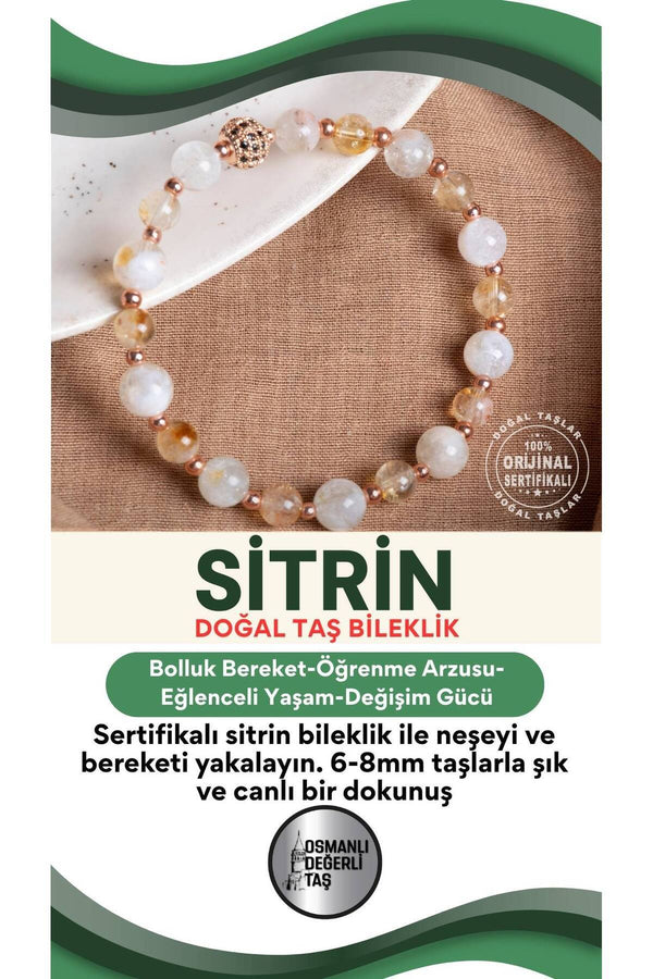 SERTİFİKALI Sitrin Doğal Taş Bileklik 6-8 mm