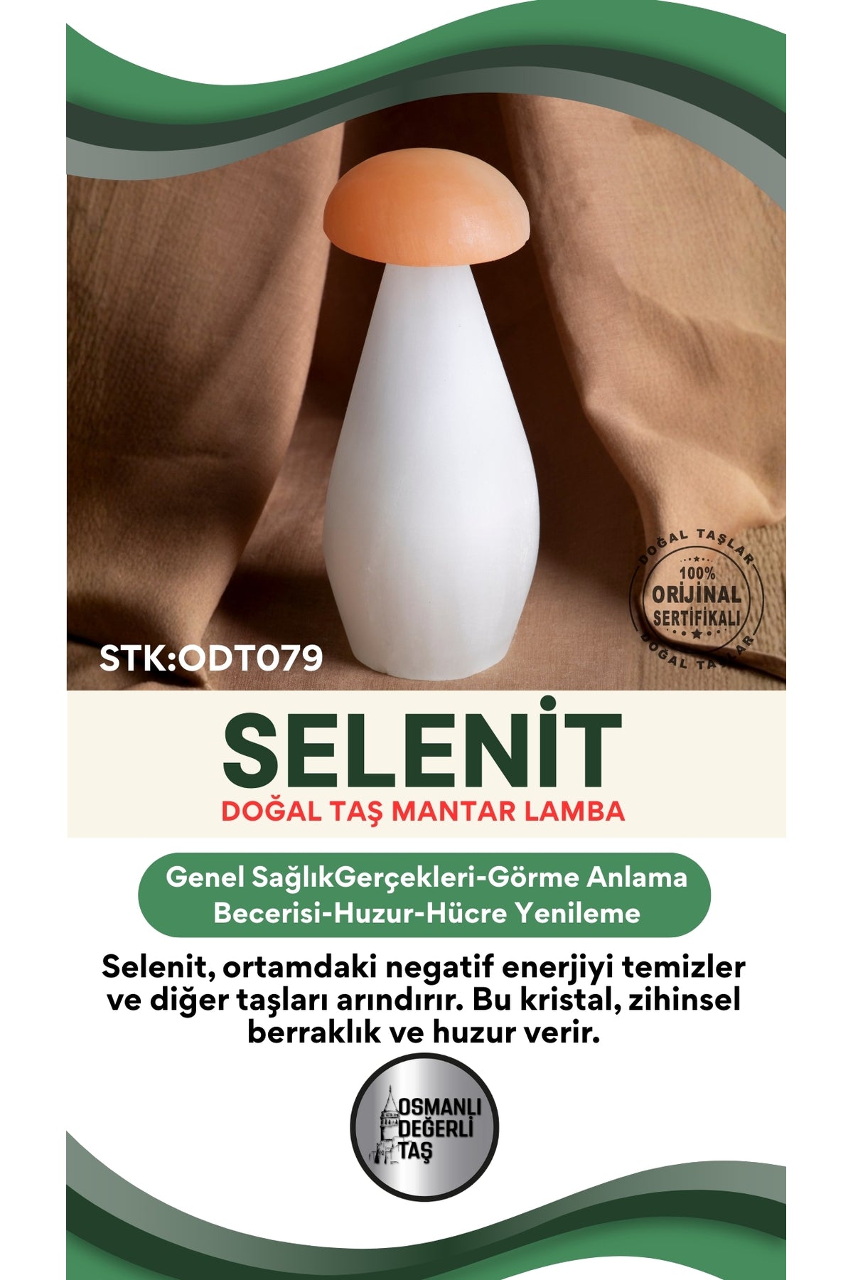 SERTİFİKALI Selenit Doğal Taş Mantar Lamba ODT079