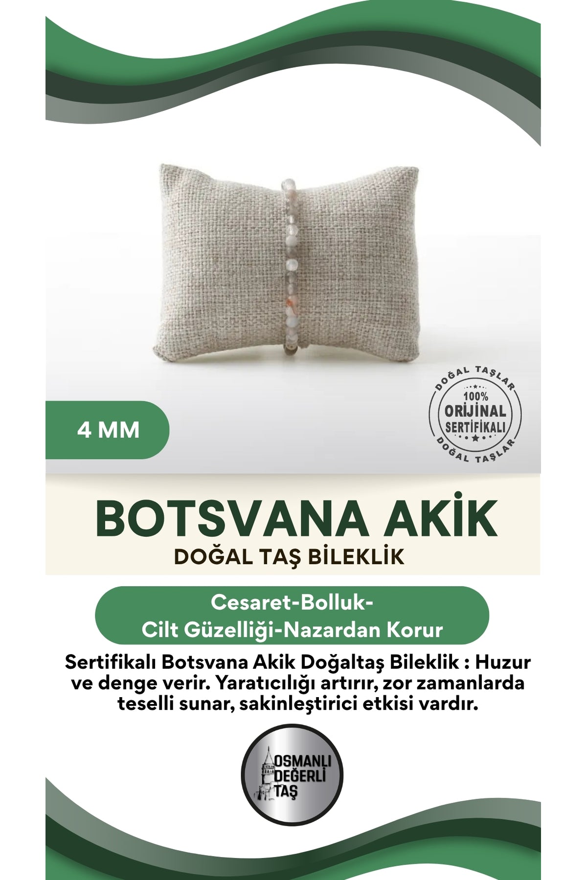 Sertifikalı Bostwana Akik Doğaltaş Bileklik 4 Mm, B987