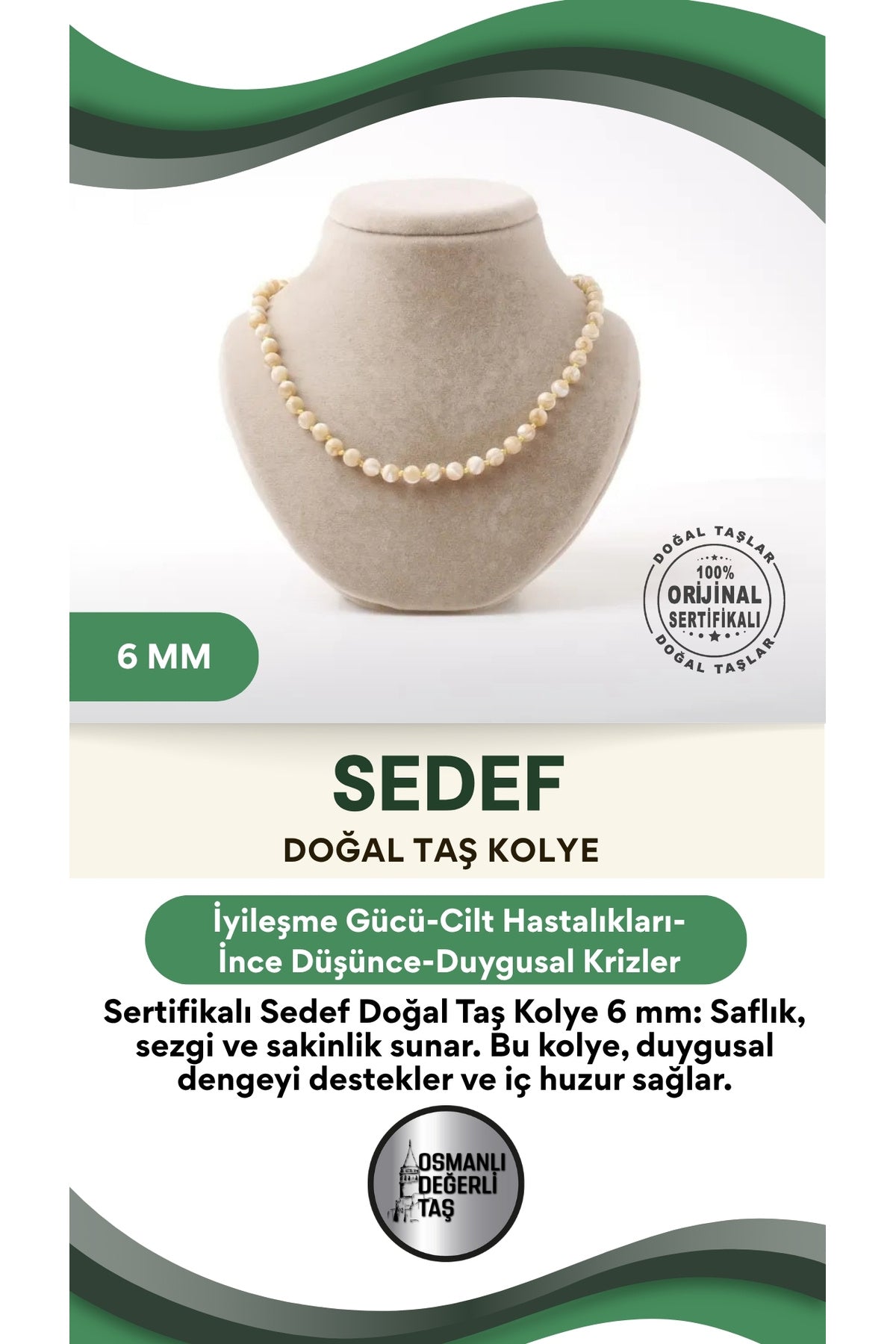 Sertifikalı Sedef Doğaltaş Kolye 6 Mm, M590
