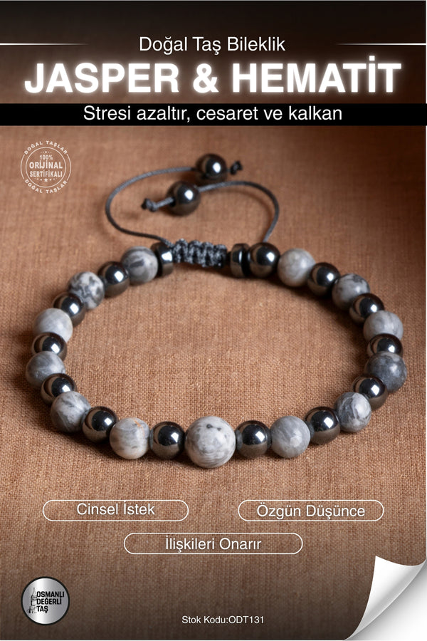 Sertifikalı JASPER & HEMATİT Doğal Taş Makrome Bileklik ODT131