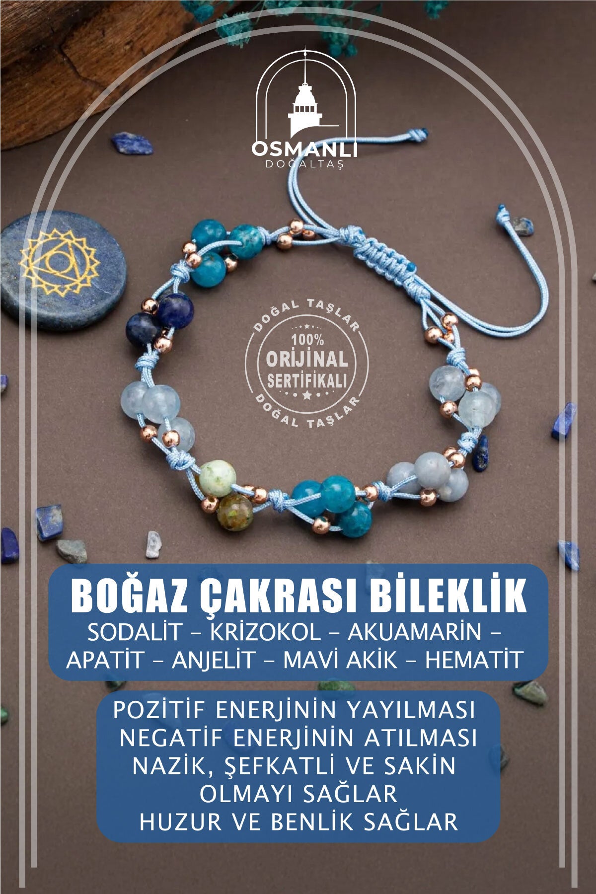 Sertifikalı Boğaz Çakra Bölgesi Akuamarin, Lapis, Mavi Akik Doğal Taşlı Makrome Bileklik