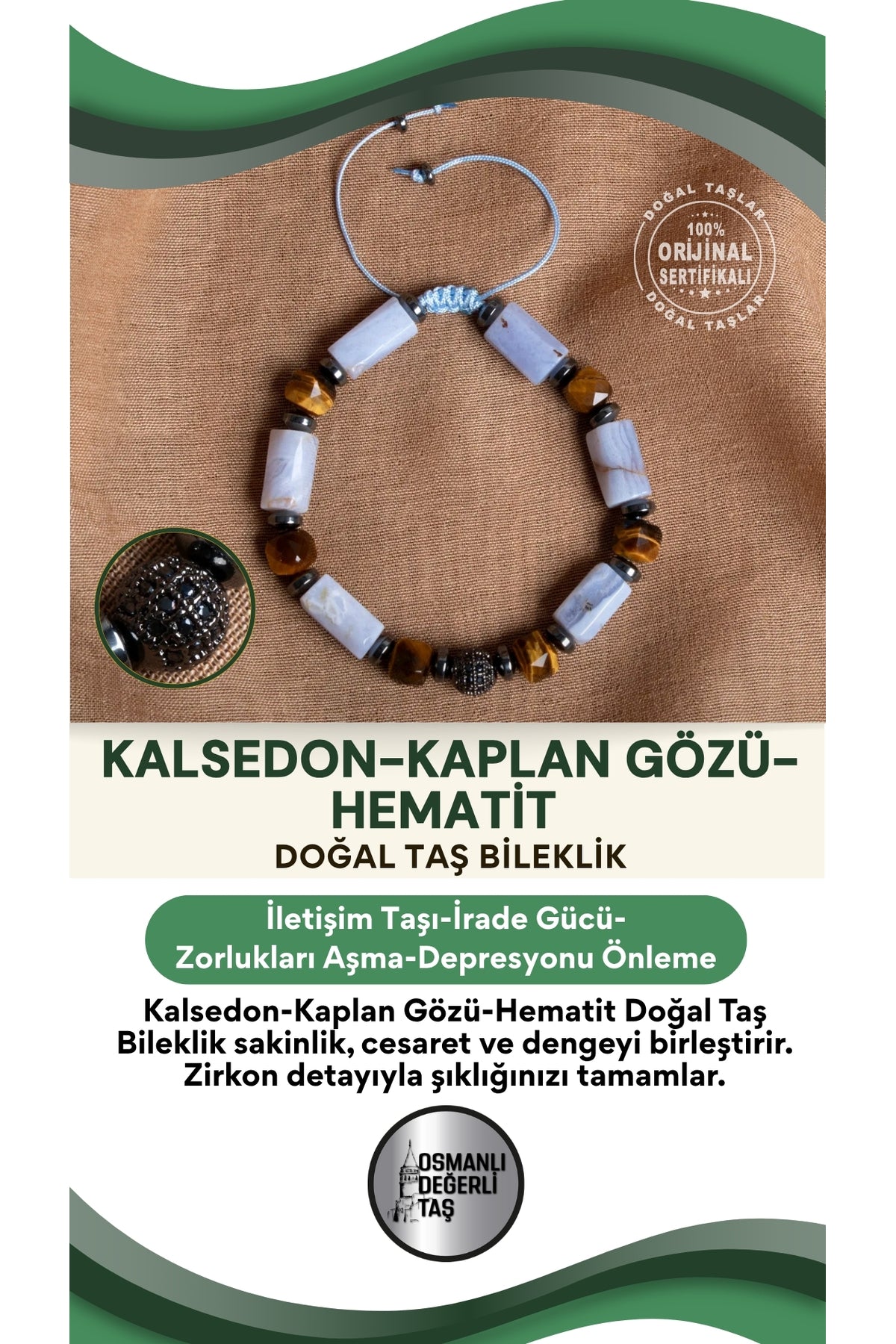 SERTİFİKALI kalsedon - kaplan gözü - hematit Doğal taş Zirkon Aparatlı Bileklik