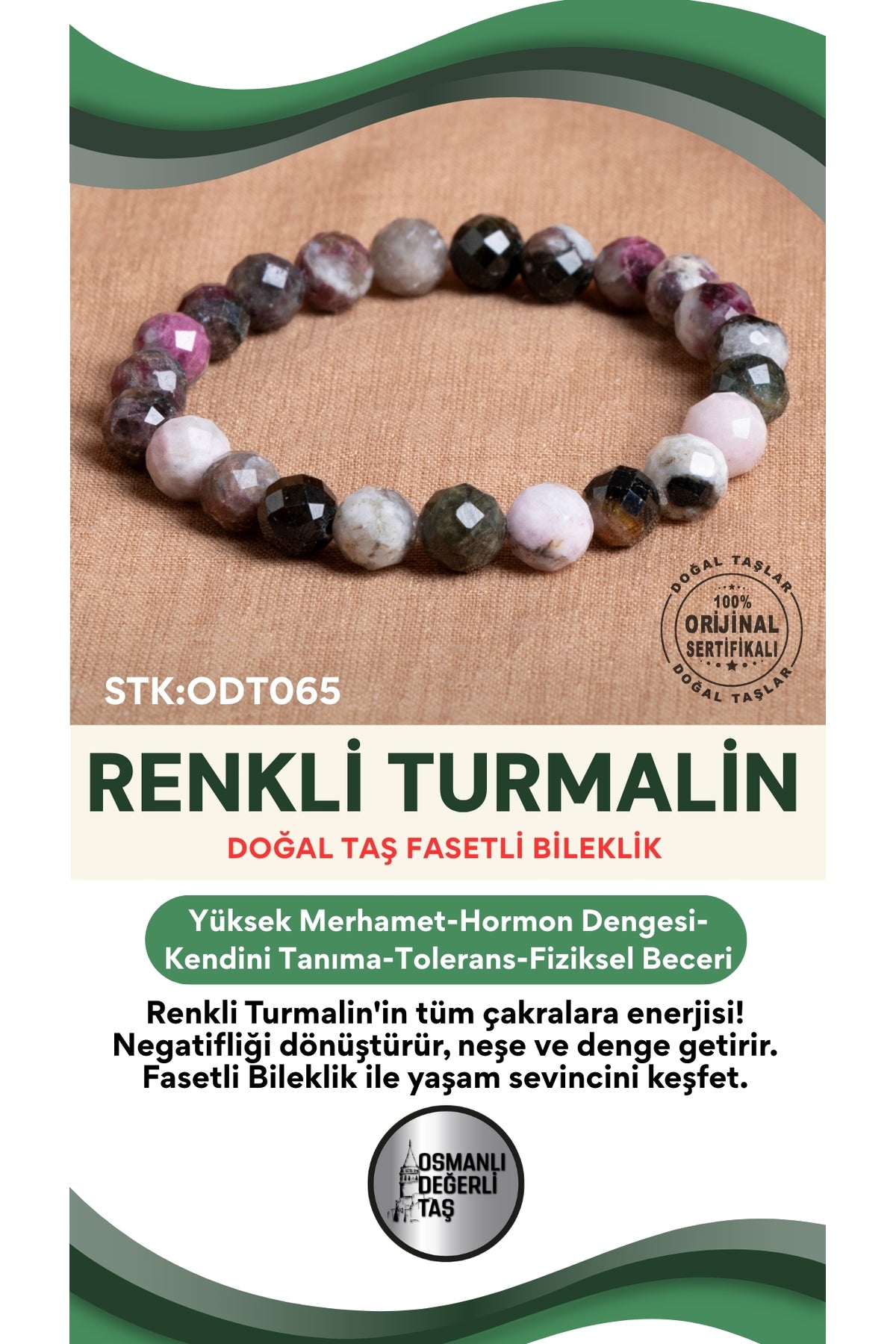 Sertifikalı Renkli Turmalin Doğal Taş Fasetli Bileklik ODT065