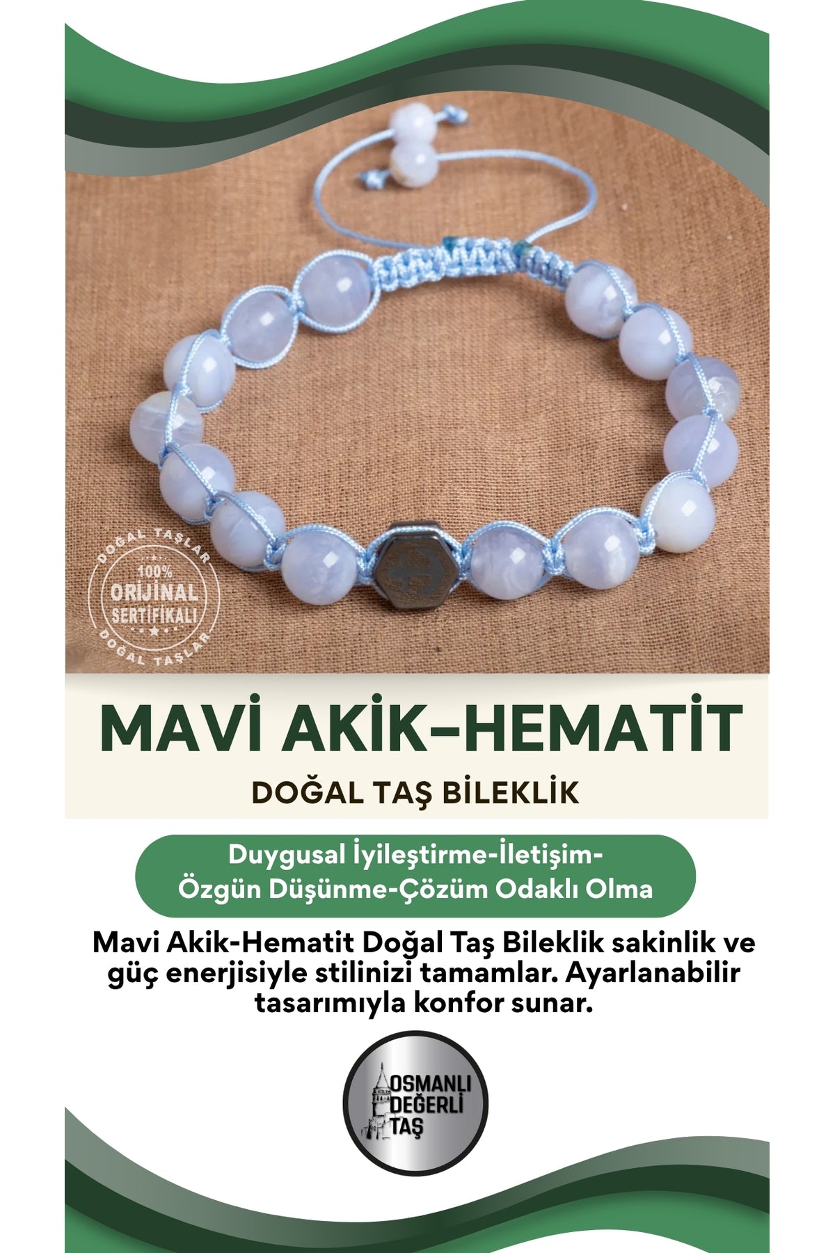 STANDART mavi akik - hematit Doğal Taş Makrome Ayarlanabilir Bileklik